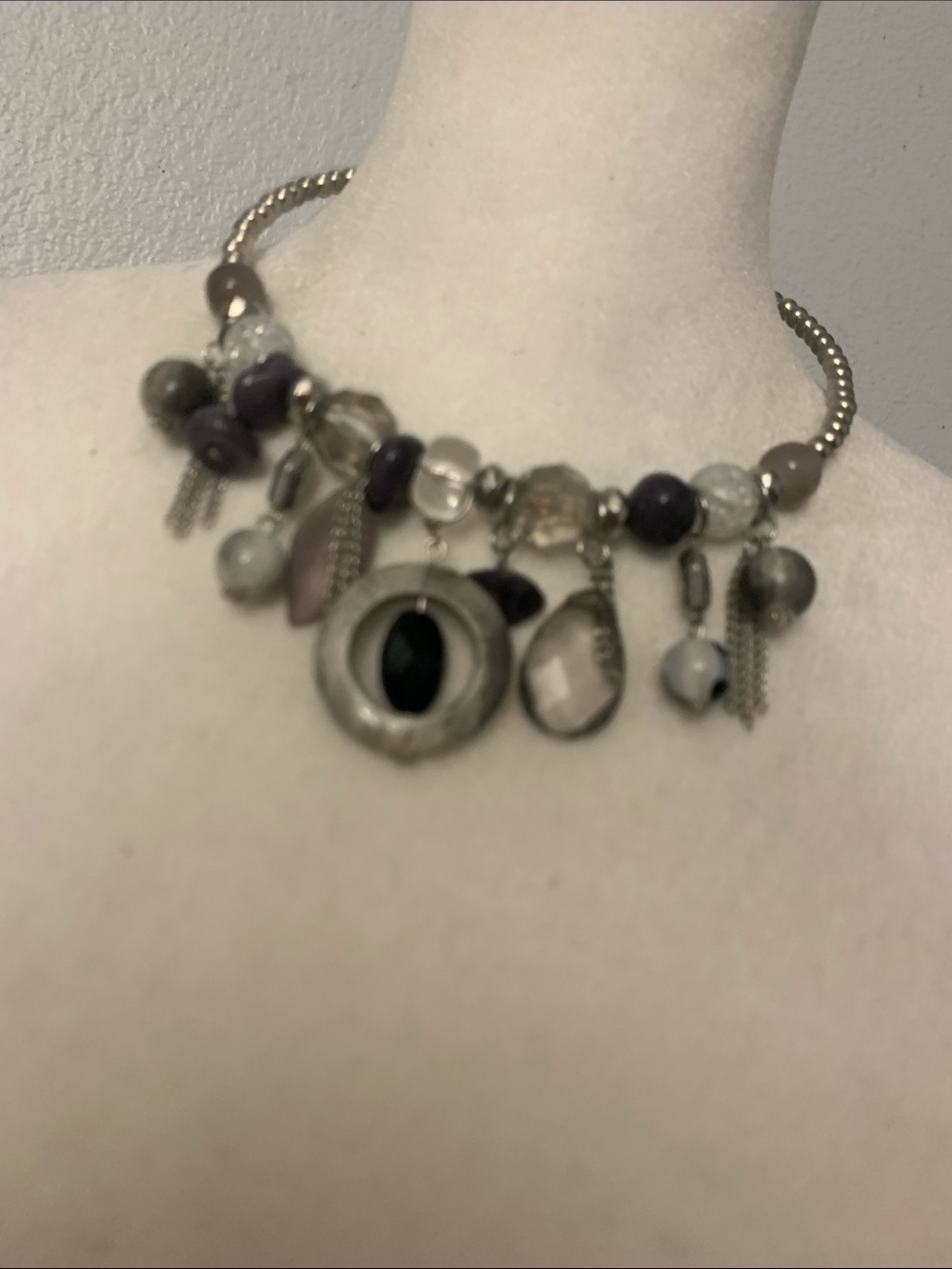 Statement Beaded Charm Necklace in Purple and Silver